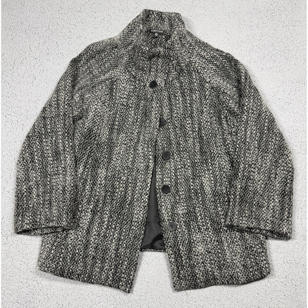Eileen Fisher Coat Womens Small Gray Wool‎ Tweed Button Front Lined Mid Winter